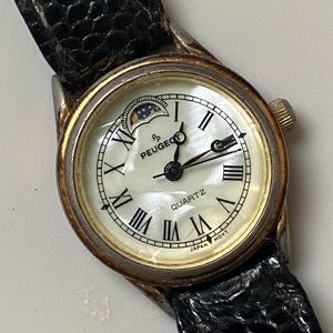 Vintage Peugeot Moonphase Lady's Watch Hand-Carved Mother of Pearl Detailing